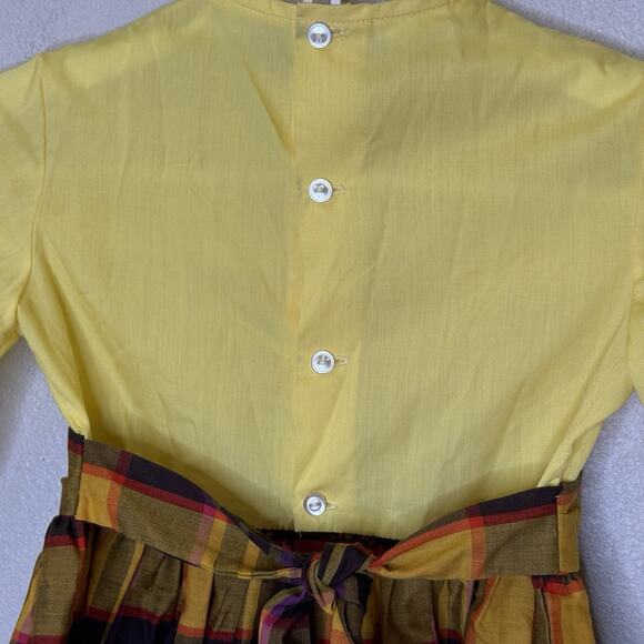 Polly Finders Hand Smocked Girls Dress Size 6X Yellow w/ Plaid Skirt Long Sleeve - Picture 7 of 9